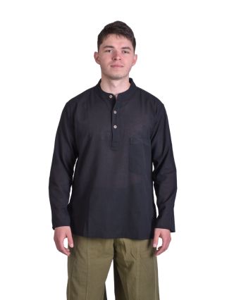 Čierna pánska košeľa-kurta s dlhým rukávom a vreckom