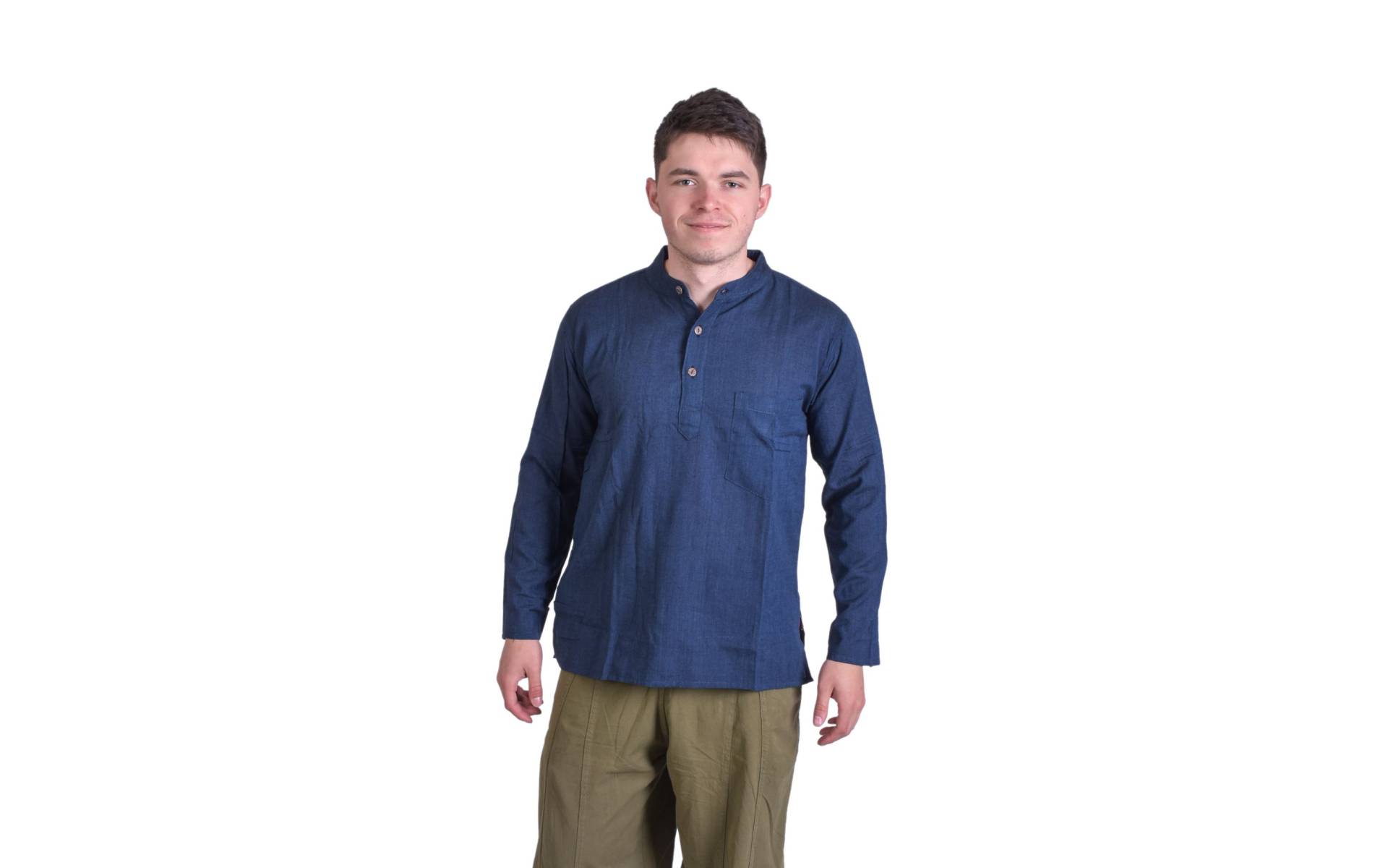 Indigo pánska košeľa-kurta s dlhým rukávom a vreckom