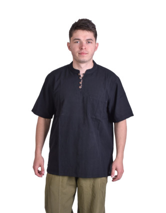 Čierna pánska košeľa-kurta s krátkym rukávom a vreckom