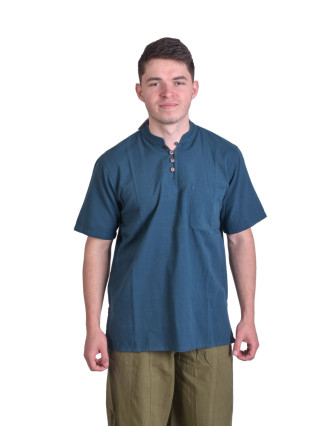 Petrolejová pánska košeľa-kurta s krátkym rukávom a vreckom