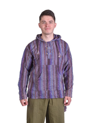 Pruhovaná pánska košeľa-kurta s dlhým rukávom a kapucňou, fialová