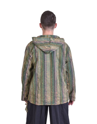 Pruhovaná pánska košeľa-kurta s dlhým rukávom a kapucňou, zelená