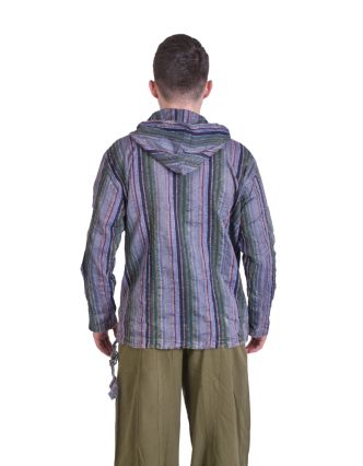 Pruhovaná pánska košeľa-kurta s dlhým rukávom a kapucňou, zeleno-fialová