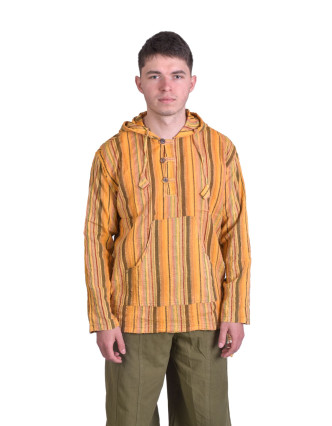 Pruhovaná pánska košeľa-kurta s dlhým rukávom a kapucňou, žltá