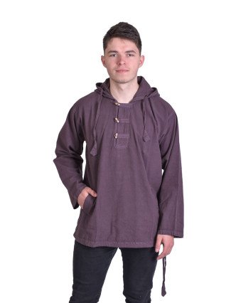 Pánska košeľa-kurta s dlhým rukávom a kapucňou, hnedá