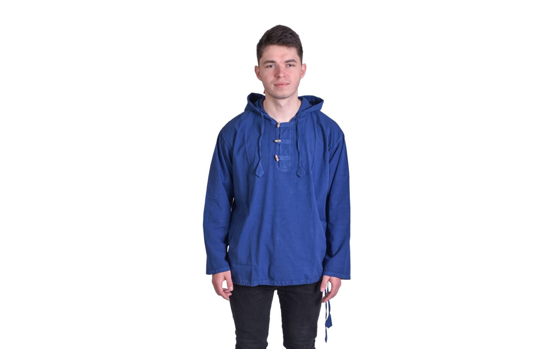 Pánska košeľa-kurta s dlhým rukávom a kapucňou, modrá