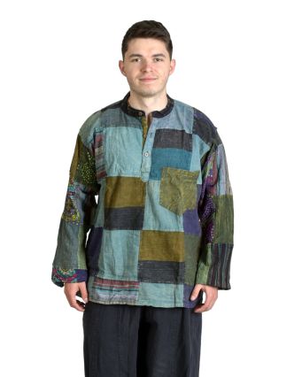 Pánska košeľa-kurta s dlhým rukávom, patchwork, vrecko, gombíky