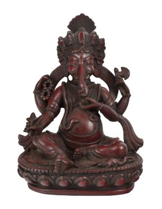 Ganesh sediaci na lotosovom tróne, červený, živica, 20cm