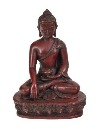 Budha, sediaci na podstavci, červený, jednoducho zdobený, živica, 15cm