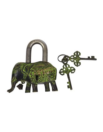Mosadzný visiaci zámok slon, zelená patina, 2 kľúče, 12x12cm
