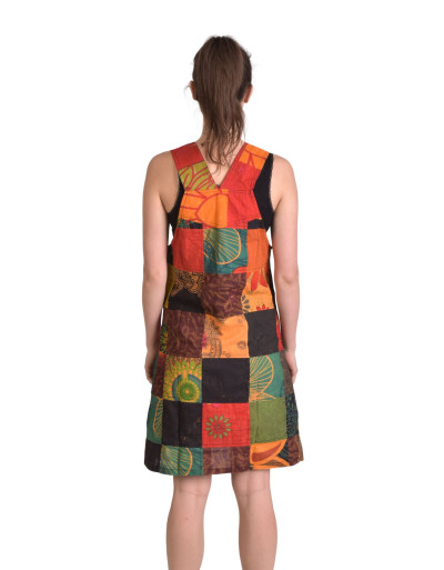 Krátke šaty s trakmi a vreckom, multifarebný patchwork, stonewash