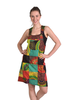 Krátke šaty s trakmi a vreckom, multifarebný patchwork, stonewash