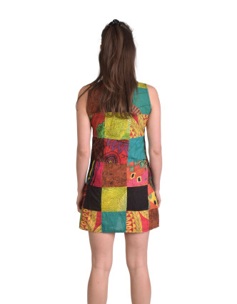 Krátke šaty bez rukávu, vrecká, multifarebný patchwork, stonewash, zips na boku
