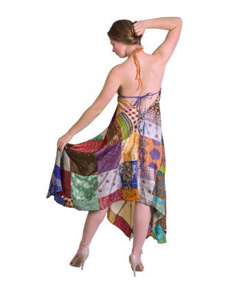 Dlhé šaty na ramienka z recyklovaných sárí, patchwork, každý kus originál