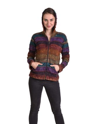 Krátka farebná patchworková mikina so špicatou kapucňou, vrecká, zips