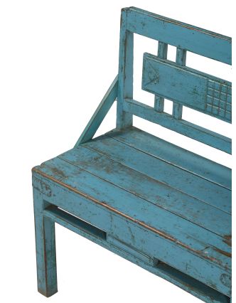 Stará lavička z teakového dreva, tyrkysová patina, 85x42x86cm