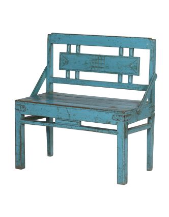 Stará lavička z teakového dreva, tyrkysová patina, 85x42x86cm
