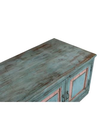 Nízka skrinka z teakového dreva, tyrkysová patina, 185x57x53cm