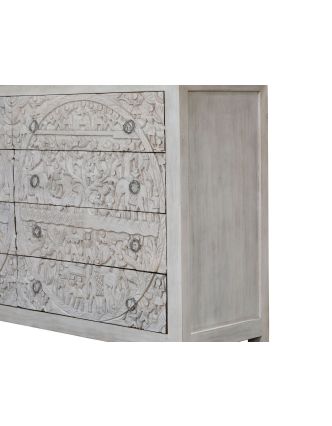 Šuplíková komoda z mangového dreva, ručné rezby, biela patina, 160x43x90cm