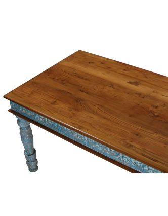 Jedálenský stôl + 6 stoličiek z teakového dreva, tyrkysová patina