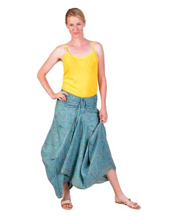 Dlhá letná nariasená sukňa/krátke šaty, vrecká, zelená s paisley potlačou