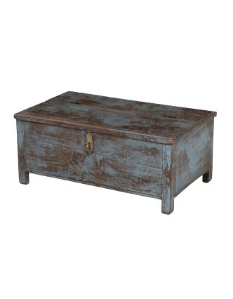 Starožitná truhla z teakového dreva, modro-šedá patina, 79x48x35cm