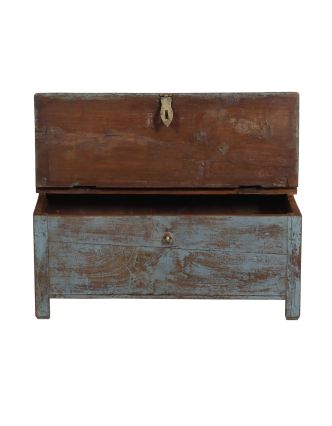 Starožitná truhla z teakového dreva, modro-šedá patina, 79x48x35cm