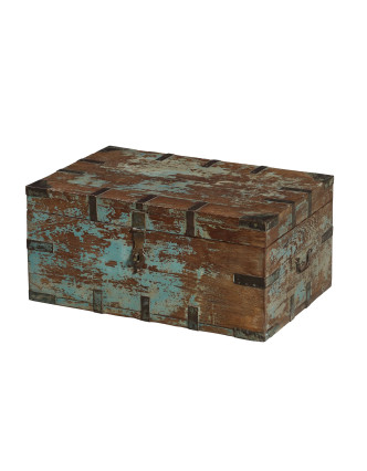 Starožitná truhla z teakového dreva, železné kovanie, 64x41x30cm