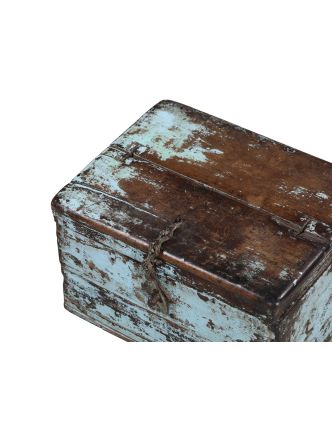 Starožitná truhla z teakového dreva, tyrkysová patina, 34x25x21cm