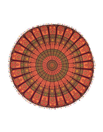 Bavlnený okrúhly prehoz / obrus s mandalou, vínový, 180cm