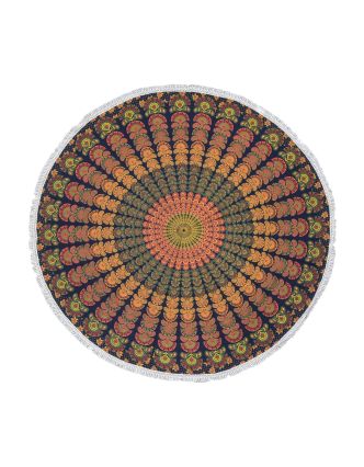 Bavlnený okrúhly prehoz / obrus s mandalou, modrý, 180cm