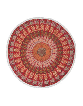 Bavlnený okrúhly prehoz / obrus s mandalou, červený, 180cm