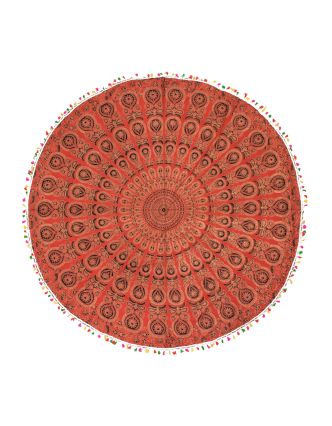 Bavlnený okrúhly prehoz / obrus s mandalou, červený, 180cm