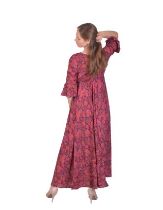 Dlhé šaty s 3/4 rukávom, fialové s ružovou paisley potlačou