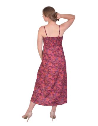 Dlhé šaty na ramienka, fialové s ružovou paisley potlačou