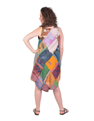 Krátke šaty na ramienka z recyklovaných sárí, patchwork, každý kus originál