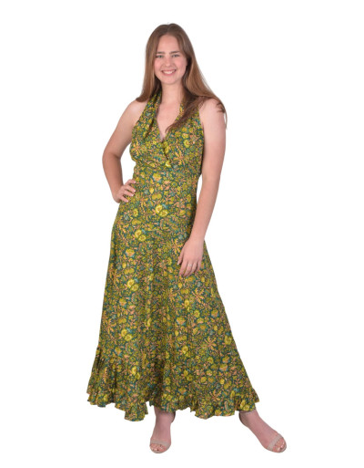 Dlhé letné šaty bez rukávov, zelené s drobnou potlačou kvetín