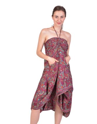 Dlhá letná nariasená sukňa/krátke šaty, vrecká, fialová s paisley potlačou