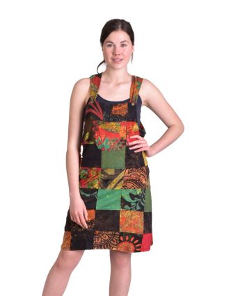 Krátke šaty s trakmi a vreckom, multifarebný patchwork, tričkovina