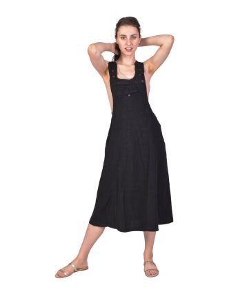 Šaty s trakmi, čierne, midi dĺžka, vrecká a gombíky