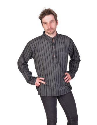 Pruhovaná pánska košeľa-kurta s dlhým rukávom a vreckom, čierno-šedá