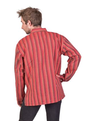 Pruhovaná pánska košeľa-kurta s dlhým rukávom a vreckom, červená