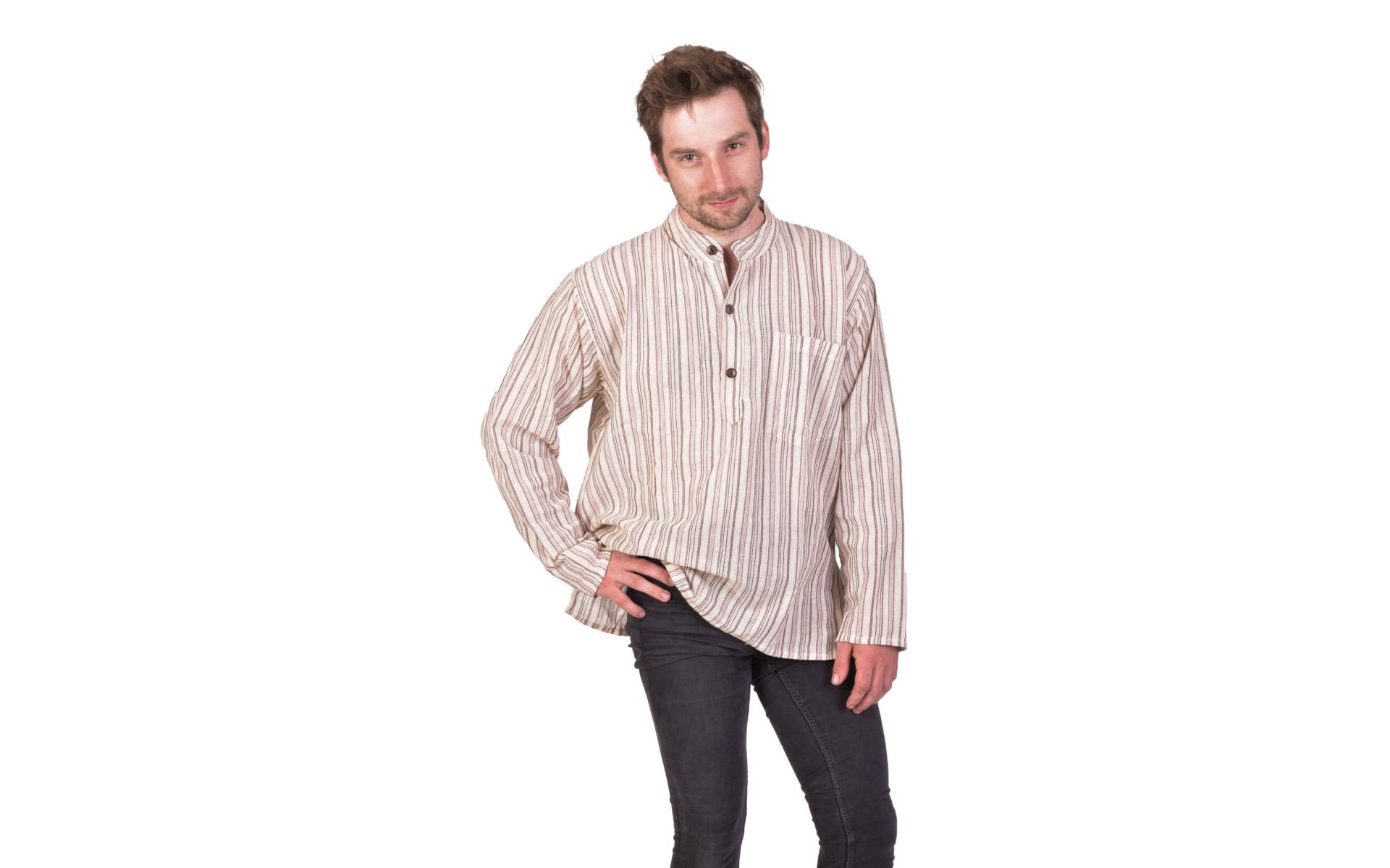 Pruhovaná pánska košeľa-kurta s dlhým rukávom a vreckom, béžovo-hnedá