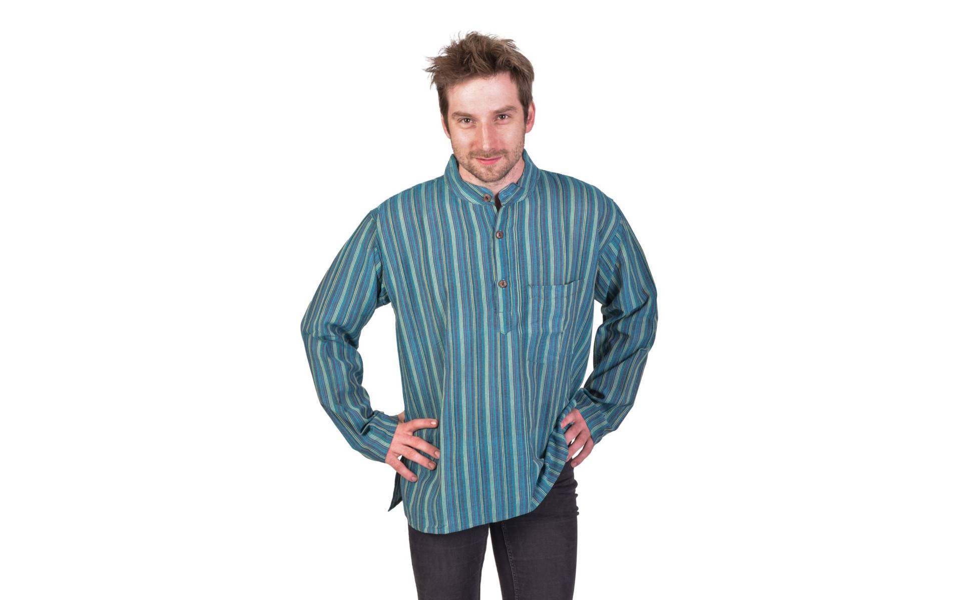 Pruhovaná pánska košeľa-kurta s dlhým rukávom a vreckom, modro-zelená