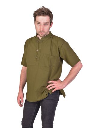 Pánska košeľa-kurta s krátkym rukávom a vreckom, khaki zelená