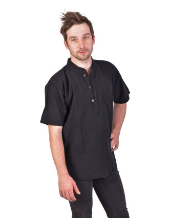 Pánska košeľa-kurta s krátkym rukávom a vreckom, čierna