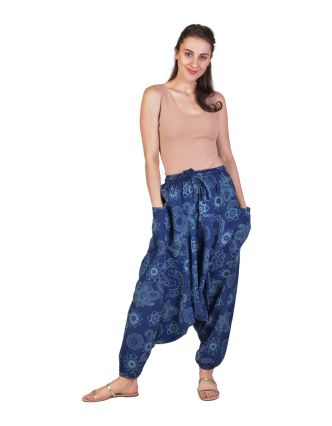 Unisex turecké nohavice, modré, Mandala potlač, vrecká, guma a šnúrka v páse