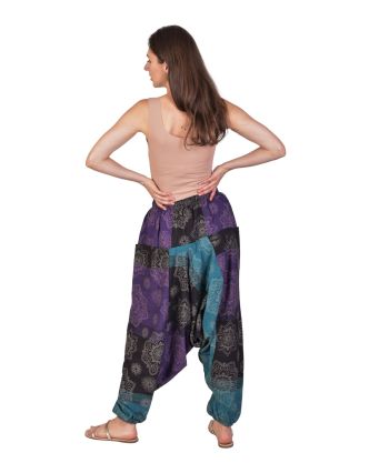 Unisex turecké nohavice, fialovo-čierne, Mandala potlač, vrecká, guma a šnúrka