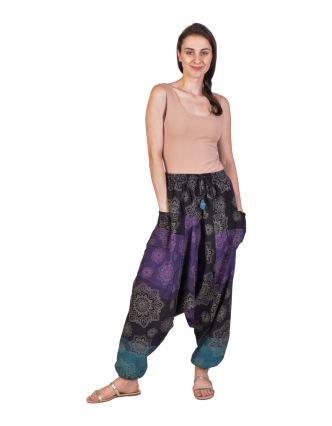 Unisex turecké nohavice, fialovo-čierne, Mandala potlač, vrecká, guma a šnúrka