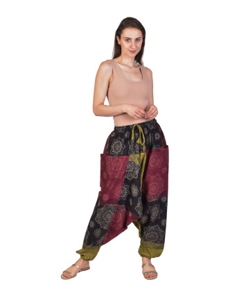 Unisex turecké nohavice, farebné, Mandala potlač, vrecká, guma a šnúrka v páse